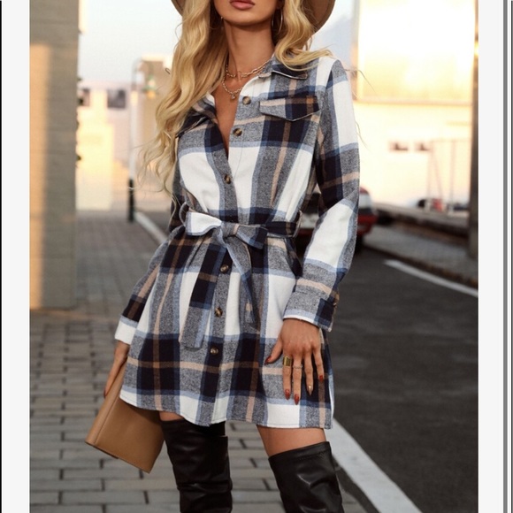 Cozy Button Up Plaid Belted Shirt Dress - Picture 2 of 6